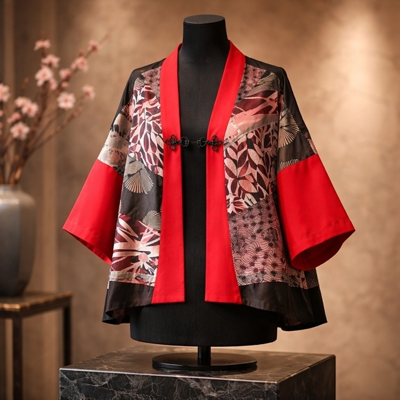 Chico's Tops - Chicos Travelers Collection Vibrant Red and Black Patterned Kimono 2 Piece Top